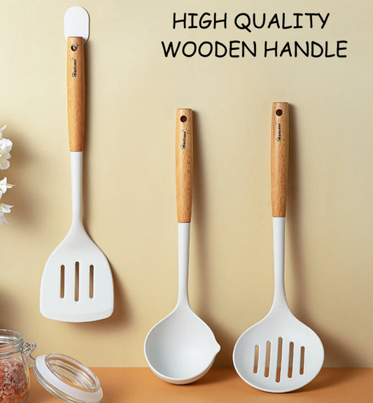 Silicone Kitchen Utensil Set with Wooden Handles – Heat-Resistant Cooking Tools
